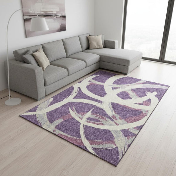 HomeRoots 9' X 12' Abstract Area Rug in Purple, Ivory, Blush - Washable, UV-Protected, Durable for Homes 680282