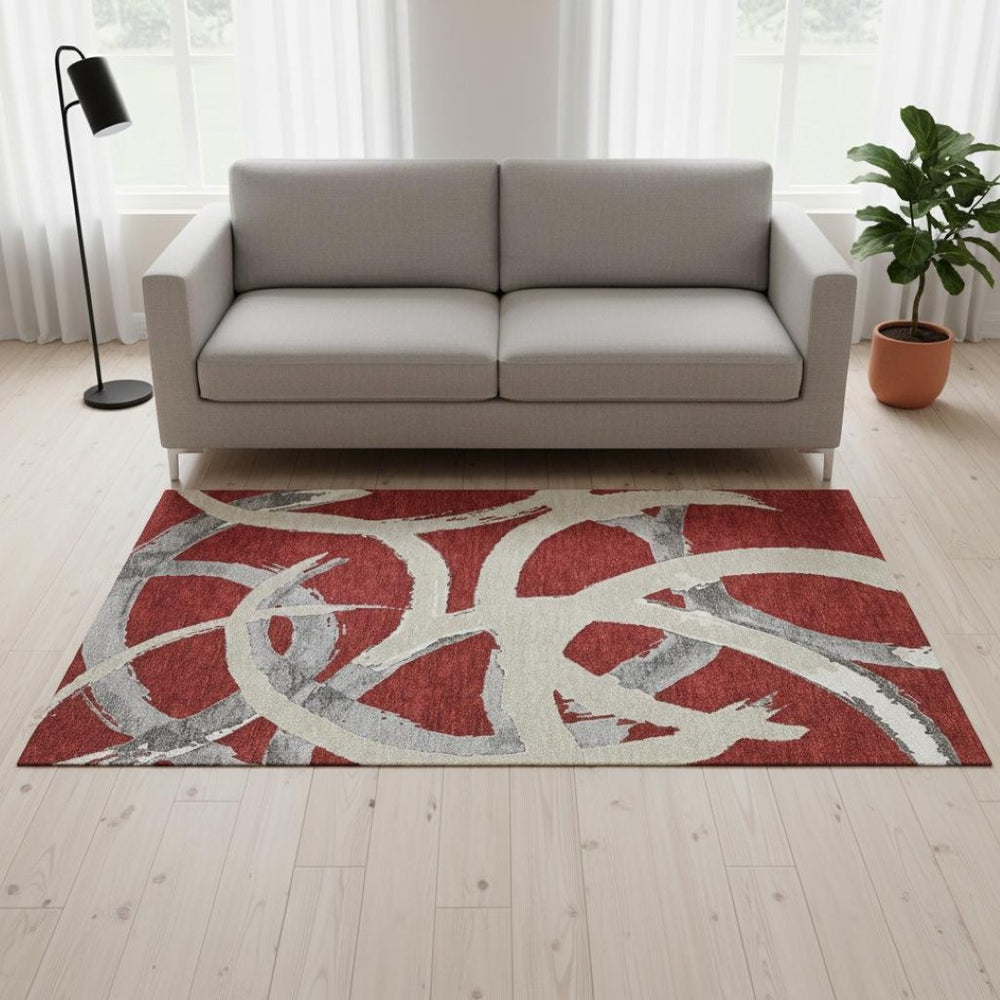 HomeRoots 5' X 8' Abstract Red Ivory Gray Area Rug - Washable, Stain Resistant, UV Protected for Modern Homes 680285