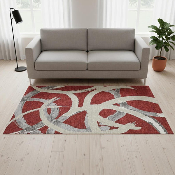 HomeRoots 5' X 8' Abstract Red Ivory Gray Area Rug - Washable, Stain Resistant, UV Protected for Modern Homes 680285