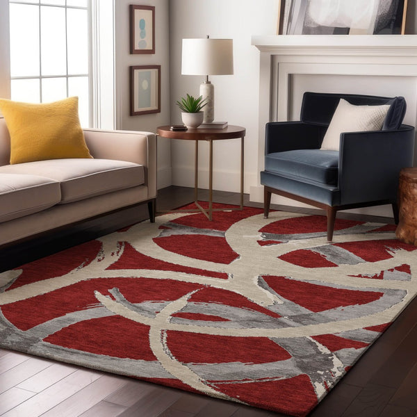 HomeRoots 5' X 8' Abstract Red Ivory Gray Area Rug - Washable, Stain Resistant, UV Protected for Modern Homes 680285