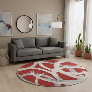 HomeRoots 8' Red Ivory and Gray Abstract Washable Round Rug - Durable, Stain Resistant with UV Protection! 680286