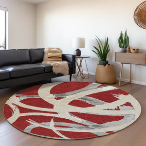 HomeRoots 8' Red Ivory and Gray Abstract Washable Round Rug - Durable, Stain Resistant with UV Protection! 680286