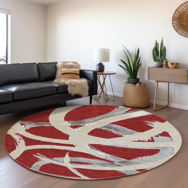 HomeRoots 8' Red Ivory and Gray Abstract Washable Round Rug - Durable, Stain Resistant with UV Protection! 680286