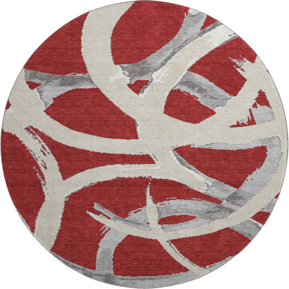 HomeRoots 8' Red Ivory and Gray Abstract Washable Round Rug - Durable, Stain Resistant with UV Protection! 680286