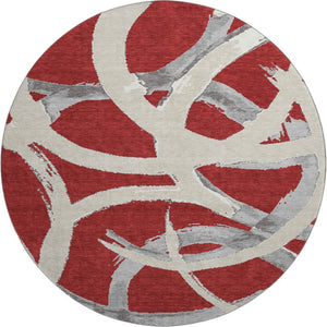 HomeRoots 8' Red Ivory and Gray Abstract Washable Round Rug - Durable, Stain Resistant with UV Protection! 680286
