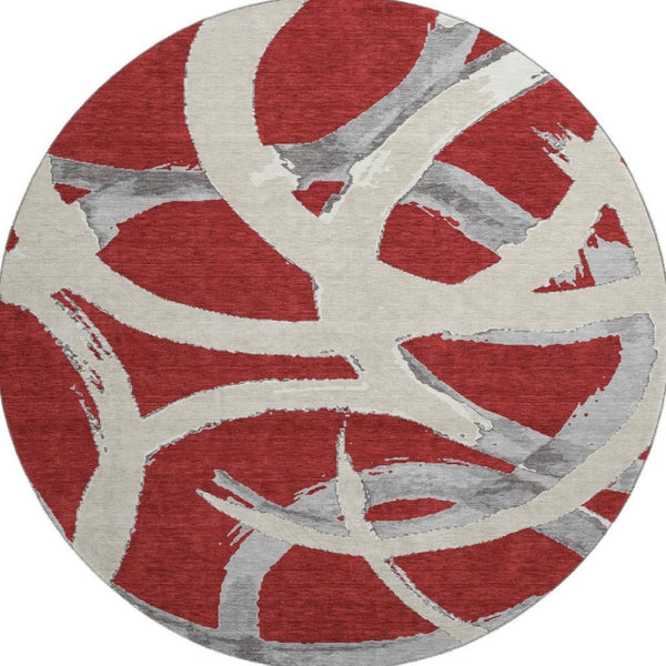 HomeRoots 8' Red Ivory and Gray Abstract Washable Round Rug - Durable, Stain Resistant with UV Protection! 680286