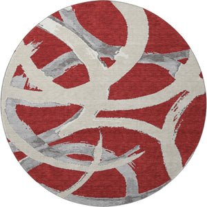 HomeRoots 8' Red Ivory and Gray Abstract Washable Round Rug - Durable, Stain Resistant with UV Protection! 680286
