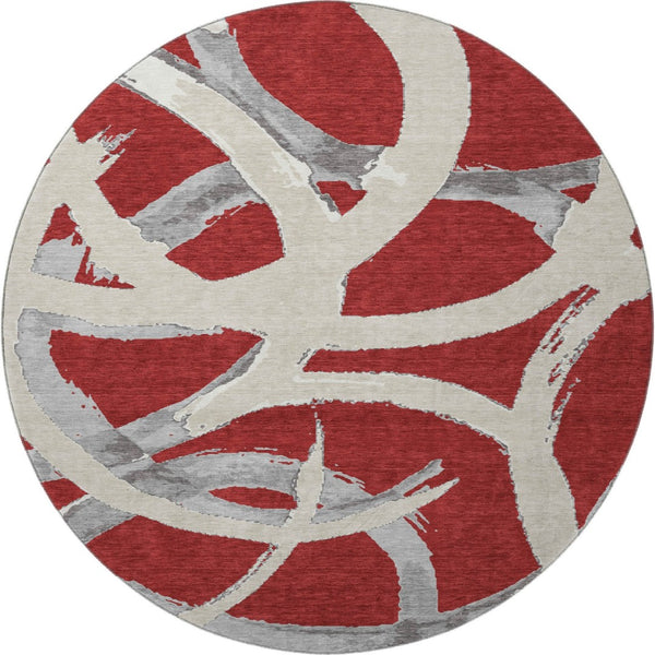 HomeRoots 8' Red Ivory and Gray Abstract Washable Round Rug - Durable, Stain Resistant with UV Protection! 680286