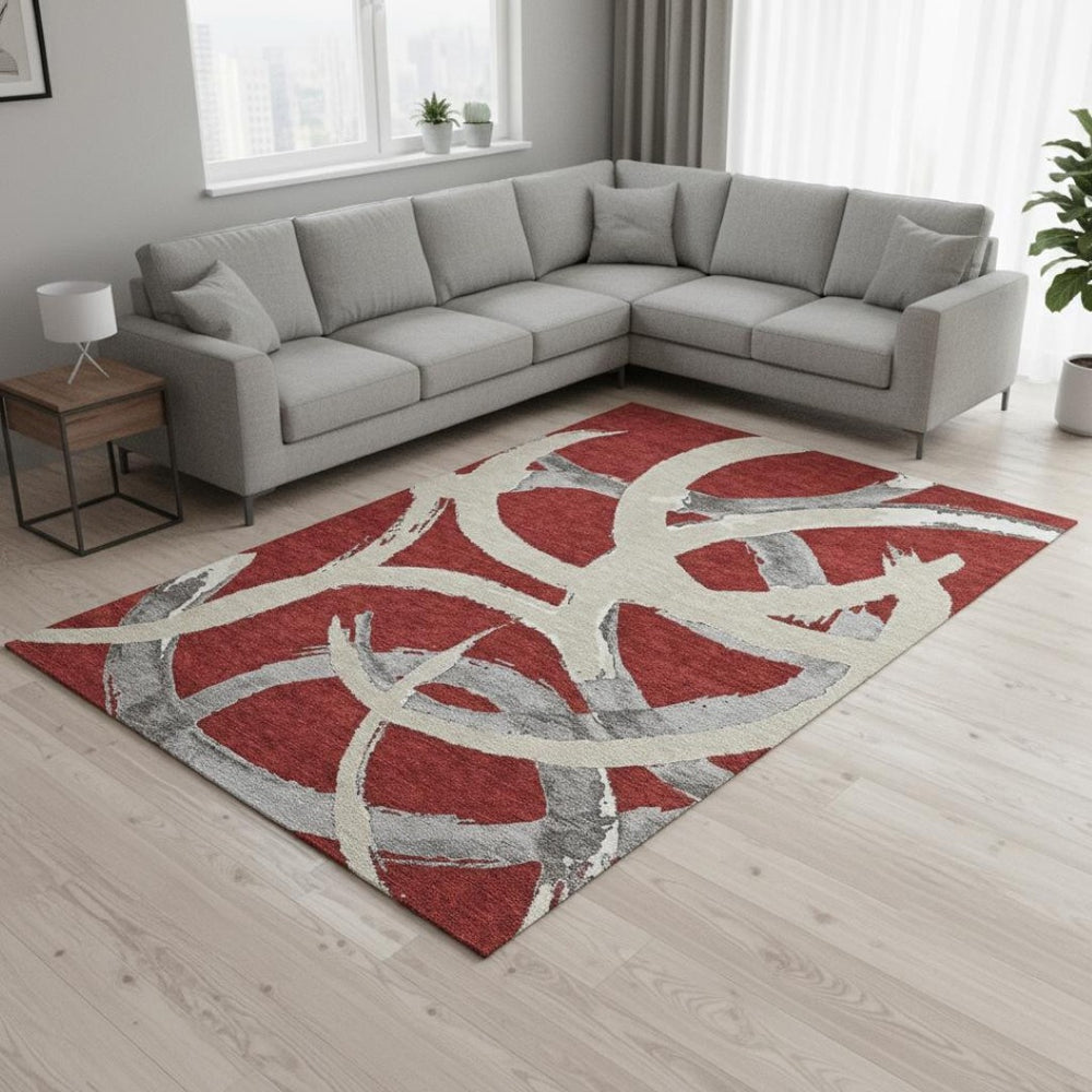 HomeRoots 8' X 10' Contemporary Red Ivory Gray Abstract Area Rug – UV Protected, Washable, Stain-Resistant 680287
