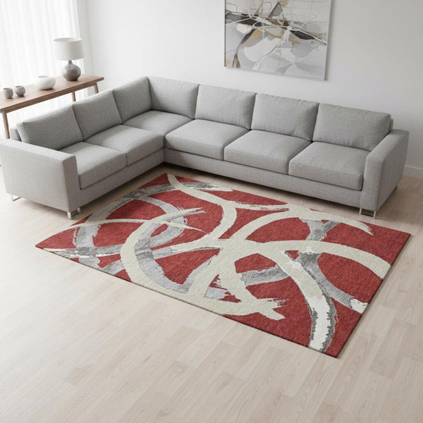 HomeRoots 10' X 14' Modern Red Ivory Gray Abstract Washable Area Rug with UV Protection for Busy Homes 680289