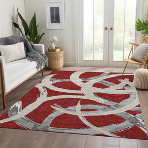 HomeRoots 10' X 14' Modern Red Ivory Gray Abstract Washable Area Rug with UV Protection for Busy Homes 680289