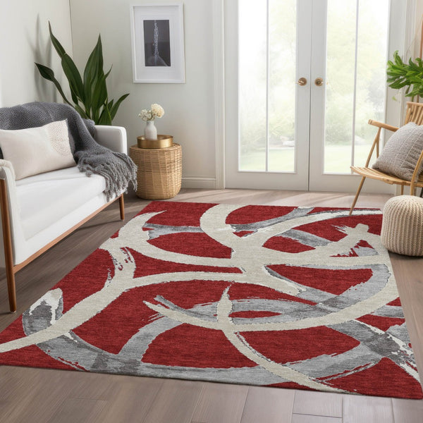 HomeRoots 10' X 14' Modern Red Ivory Gray Abstract Washable Area Rug with UV Protection for Busy Homes 680289