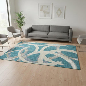 HomeRoots 5' X 8' Teal Ivory Gray Abstract Area Rug - Washable, UV Resistant, Durable for Family Homes 680291