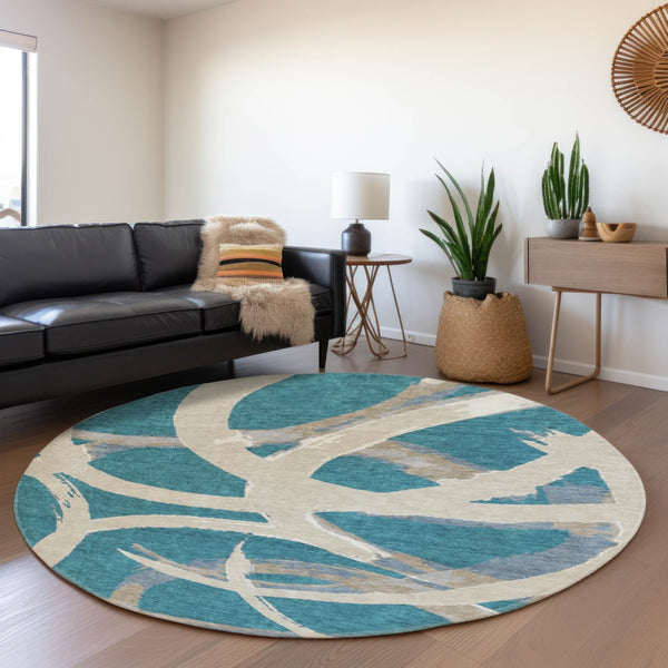 HomeRoots 8' Teal Ivory and Gray Abstract Washable Round Rug - Durable, Stain-Resistant, UV Protected Design! 680292