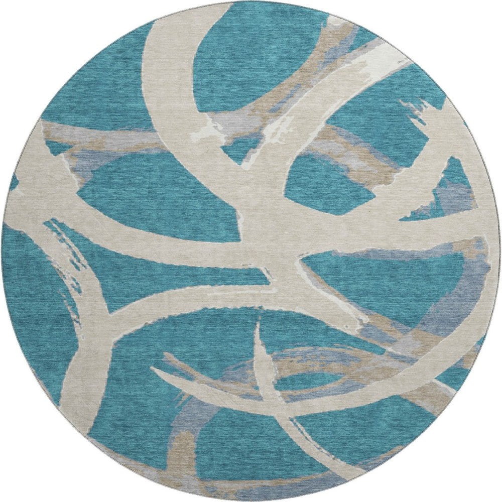 HomeRoots 8' Teal Ivory and Gray Abstract Washable Round Rug - Durable, Stain-Resistant, UV Protected Design! 680292