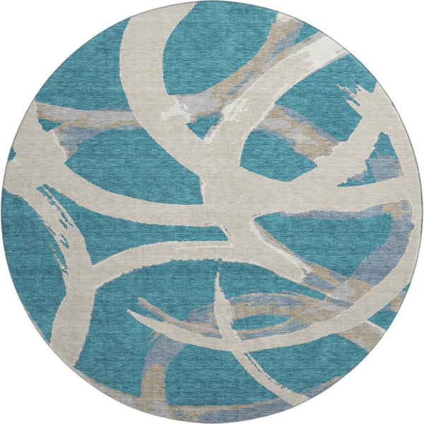 HomeRoots 8' Teal Ivory and Gray Abstract Washable Round Rug - Durable, Stain-Resistant, UV Protected Design! 680292