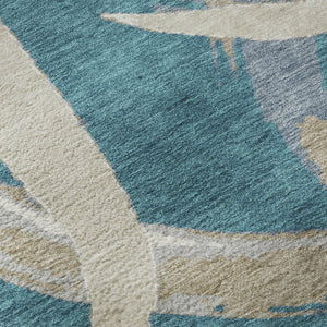 HomeRoots 8' Teal Ivory and Gray Abstract Washable Round Rug - Durable, Stain-Resistant, UV Protected Design! 680292