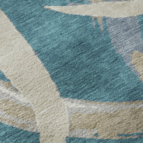 HomeRoots 8' Teal Ivory and Gray Abstract Washable Round Rug - Durable, Stain-Resistant, UV Protected Design! 680292