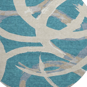 HomeRoots 8' Teal Ivory and Gray Abstract Washable Round Rug - Durable, Stain-Resistant, UV Protected Design! 680292