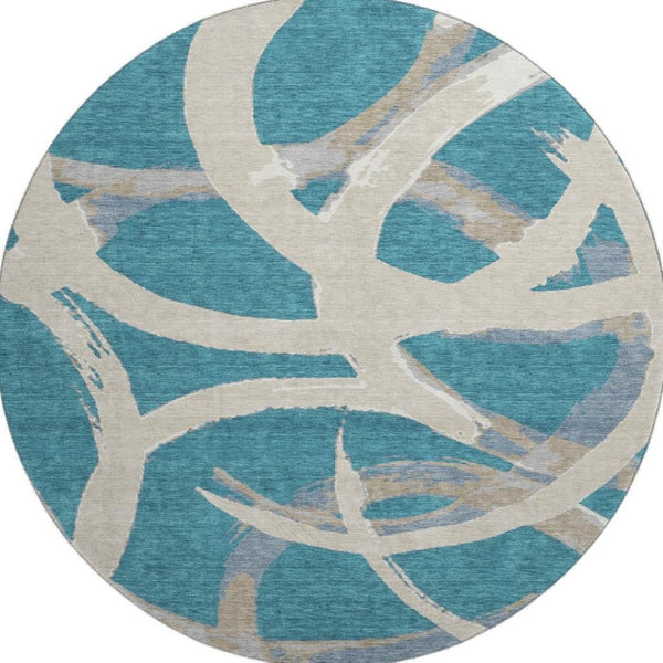 HomeRoots 8' Teal Ivory and Gray Abstract Washable Round Rug - Durable, Stain-Resistant, UV Protected Design! 680292