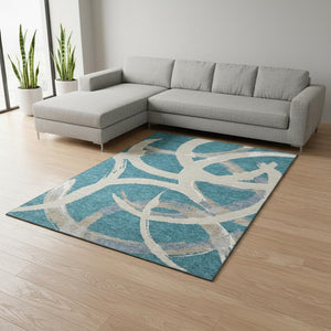 HomeRoots 8' X 10' Modern Teal, Ivory & Gray Abstract Washable Area Rug with UV Protection for Durability 680293