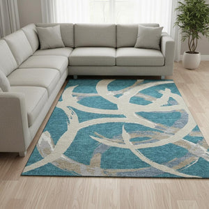 HomeRoots 9' X 12' Modern Abstract Washable Area Rug in Teal, Ivory & Gray with UV Protection & Stain Resistance 680294