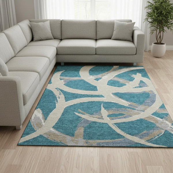 HomeRoots 9' X 12' Modern Abstract Washable Area Rug in Teal, Ivory & Gray with UV Protection & Stain Resistance 680294