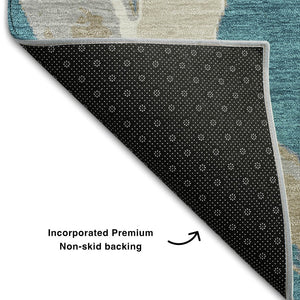 HomeRoots 9' X 12' Modern Abstract Washable Area Rug in Teal, Ivory & Gray with UV Protection & Stain Resistance 680294