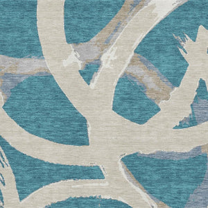 HomeRoots 9' X 12' Modern Abstract Washable Area Rug in Teal, Ivory & Gray with UV Protection & Stain Resistance 680294