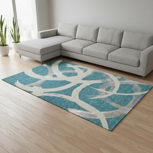 HomeRoots 10' X 14' Teal Ivory Gray Abstract Washable Area Rug - Durable, UV-Protected, Stylish for Any Space 680295