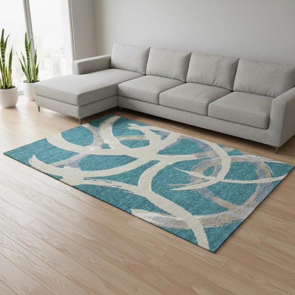 HomeRoots 10' X 14' Teal Ivory Gray Abstract Washable Area Rug - Durable, UV-Protected, Stylish for Any Space 680295