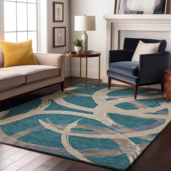 HomeRoots 10' X 14' Teal Ivory Gray Abstract Washable Area Rug - Durable, UV-Protected, Stylish for Any Space 680295