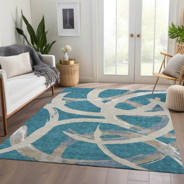 HomeRoots 10' X 14' Teal Ivory Gray Abstract Washable Area Rug - Durable, UV-Protected, Stylish for Any Space 680295