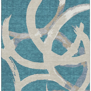 HomeRoots 10' X 14' Teal Ivory Gray Abstract Washable Area Rug - Durable, UV-Protected, Stylish for Any Space 680295