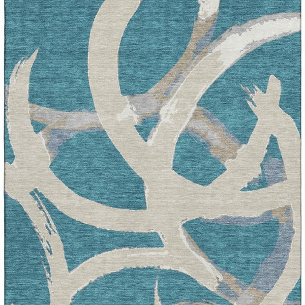 HomeRoots 10' X 14' Teal Ivory Gray Abstract Washable Area Rug - Durable, UV-Protected, Stylish for Any Space 680295