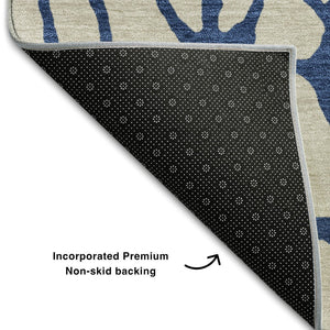 HomeRoots 5' X 8' Beige and Navy Blue Geometric Area Rug - Washable, UV-Protected, Pet-Friendly Design! 680297