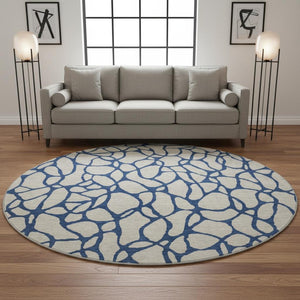 HomeRoots 8' Washable Beige and Navy Blue Geometric Round Rug with UV Protection - Perfect for Busy Homes! 680298