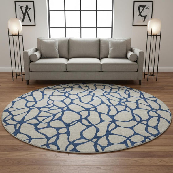 HomeRoots 8' Washable Beige and Navy Blue Geometric Round Rug with UV Protection - Perfect for Busy Homes! 680298