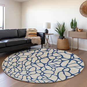 HomeRoots 8' Washable Beige and Navy Blue Geometric Round Rug with UV Protection - Perfect for Busy Homes! 680298