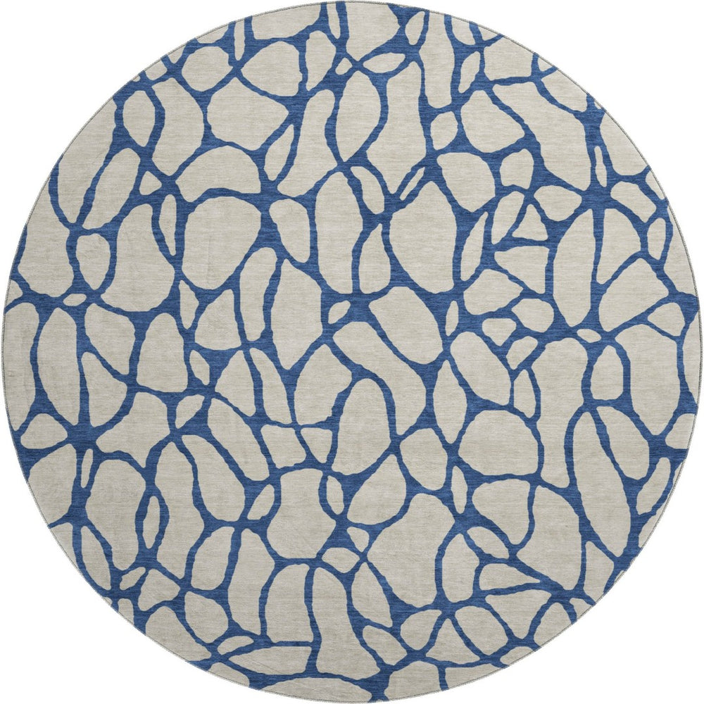 HomeRoots 8' Washable Beige and Navy Blue Geometric Round Rug with UV Protection - Perfect for Busy Homes! 680298