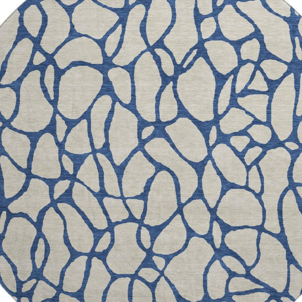 HomeRoots 8' Washable Beige and Navy Blue Geometric Round Rug with UV Protection - Perfect for Busy Homes! 680298