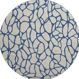 HomeRoots 8' Washable Beige and Navy Blue Geometric Round Rug with UV Protection - Perfect for Busy Homes! 680298