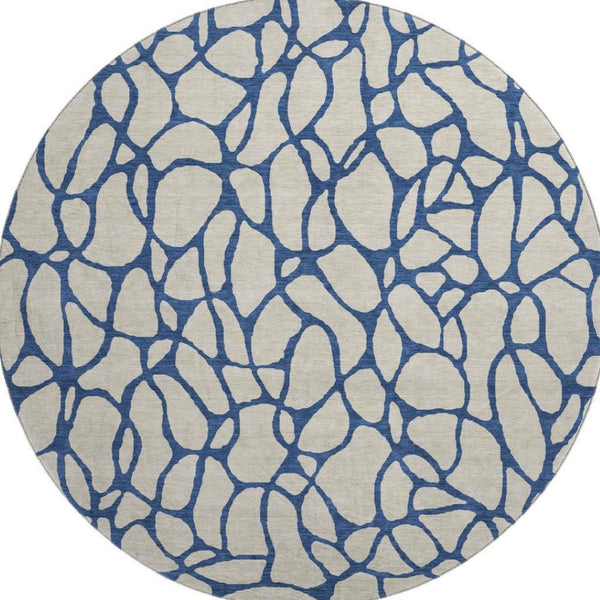 HomeRoots 8' Washable Beige and Navy Blue Geometric Round Rug with UV Protection - Perfect for Busy Homes! 680298