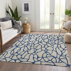 HomeRoots 8' X 10' Stylish Beige & Navy Blue Geometric Washable Area Rug with UV Protection for High-Traffic Spaces 680299