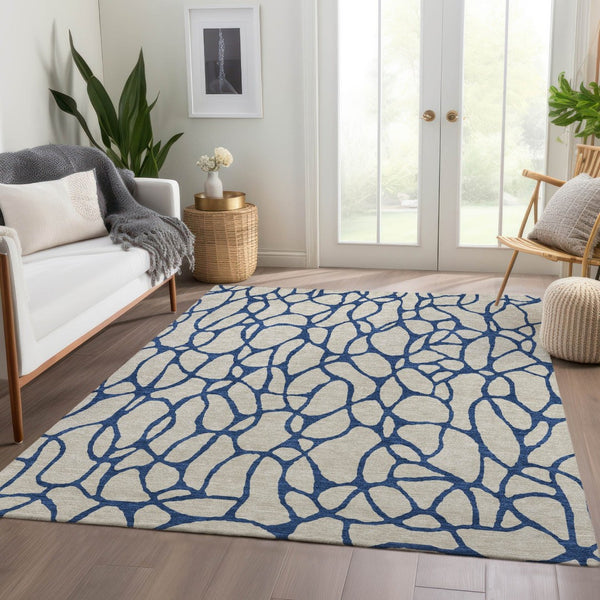 HomeRoots 8' X 10' Stylish Beige & Navy Blue Geometric Washable Area Rug with UV Protection for High-Traffic Spaces 680299