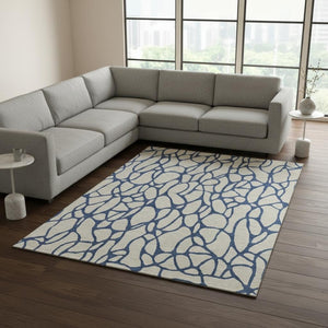 HomeRoots 9' X 12' Beige and Navy Blue Geometric Area Rug – Washable, UV-Protected, Perfect for High-Traffic Spaces 680300