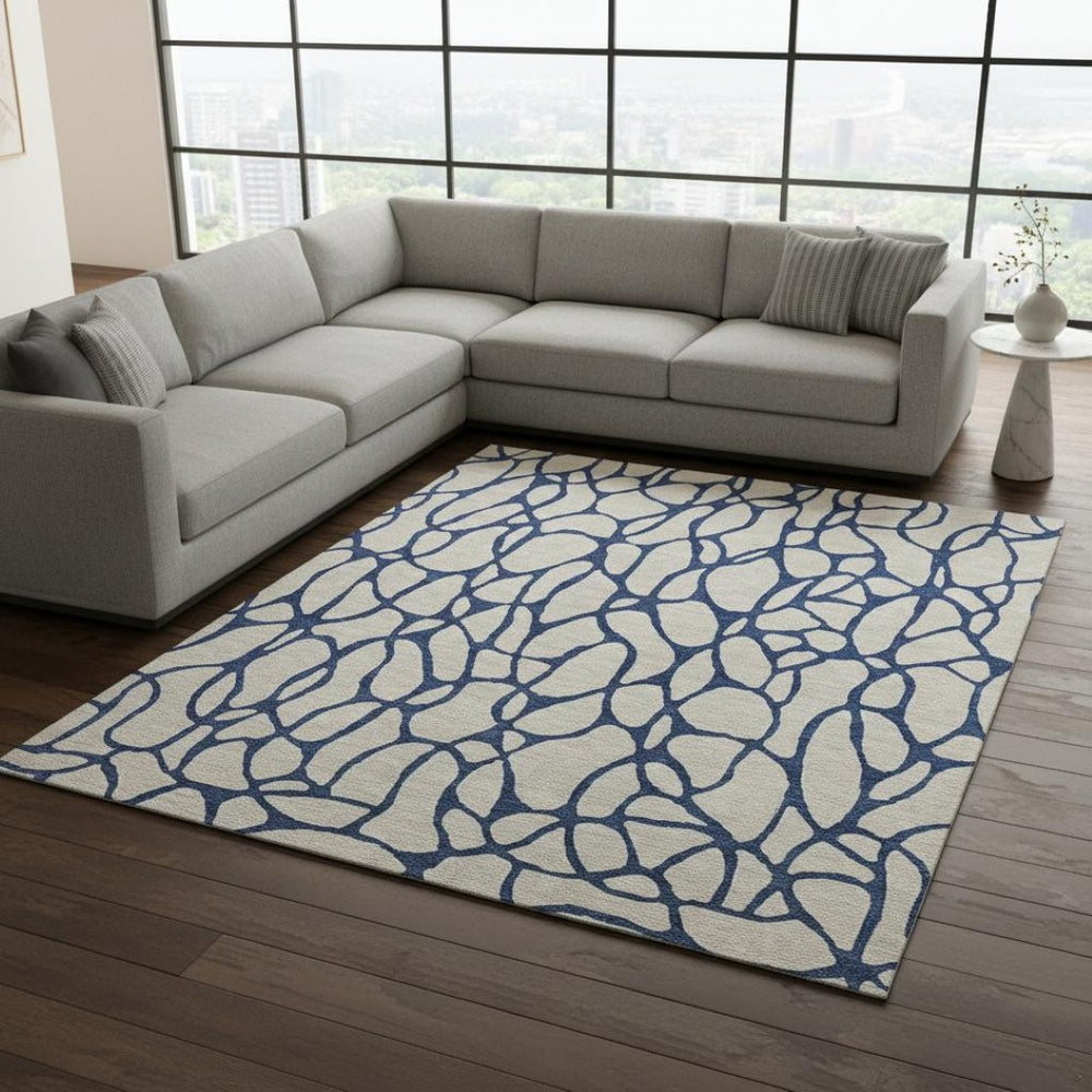 HomeRoots 10' X 14' Beige & Navy Geometric Area Rug - UV Protected, Washable, Stain Resistant, Easy Care! 680301