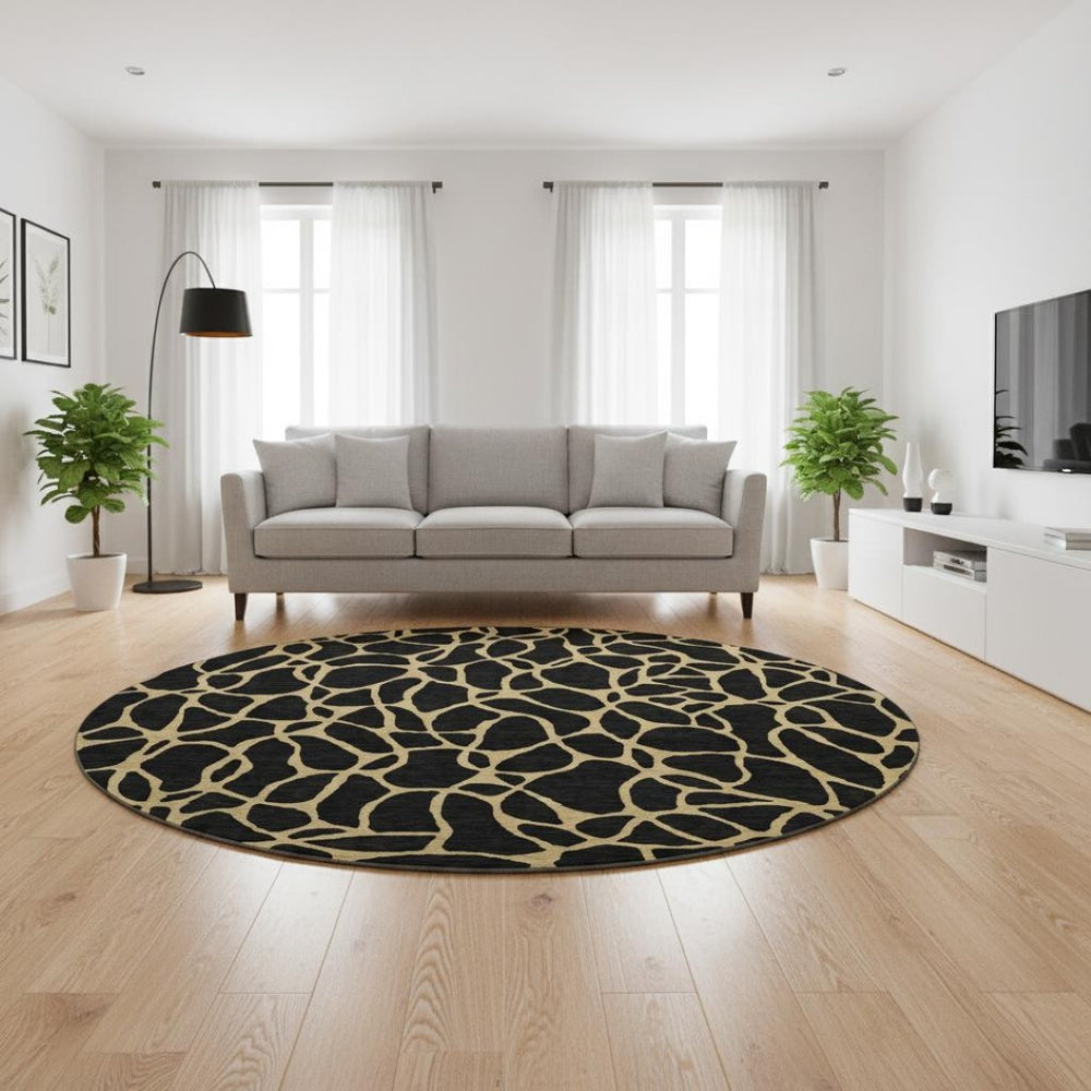 HomeRoots 8' Modern Black and Gold Geometric Round Rug - Washable, Stain Resistant with UV Protection & Non-Slip 680304