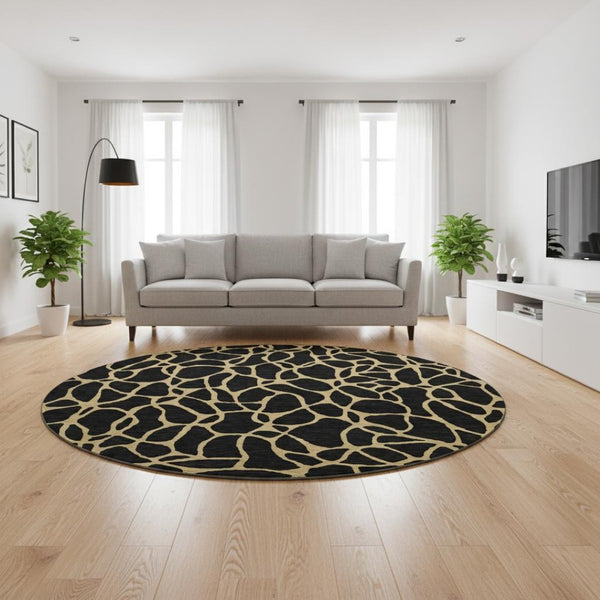 HomeRoots 8' Modern Black and Gold Geometric Round Rug - Washable, Stain Resistant with UV Protection & Non-Slip 680304