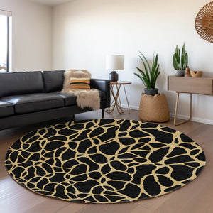 HomeRoots 8' Modern Black and Gold Geometric Round Rug - Washable, Stain Resistant with UV Protection & Non-Slip 680304